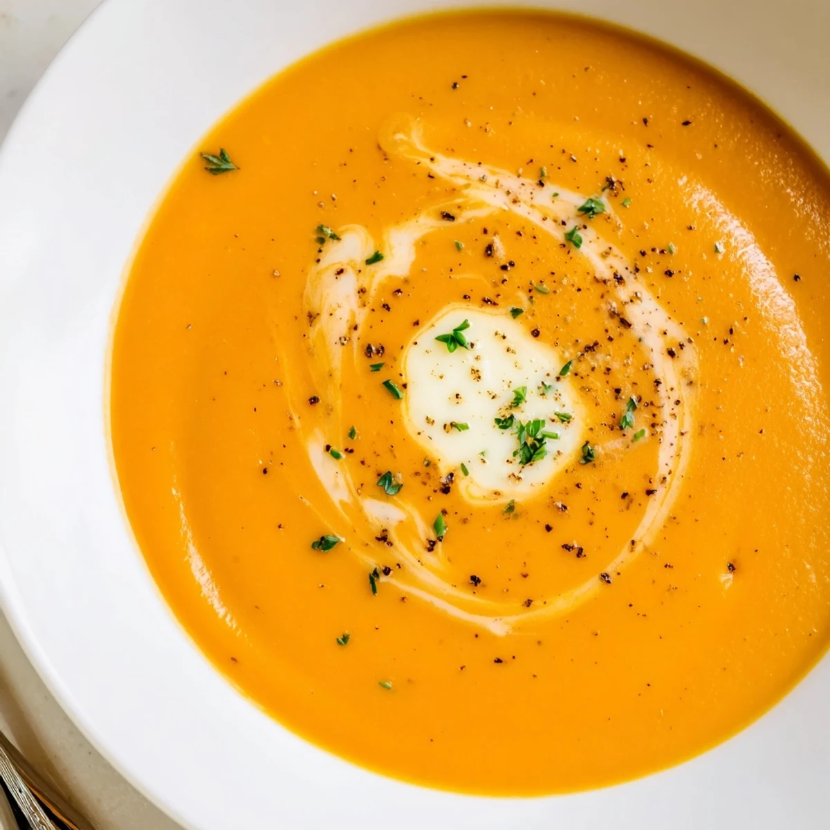 Velvety Carrot Soup with coconut cream swirl, served with crusty bread