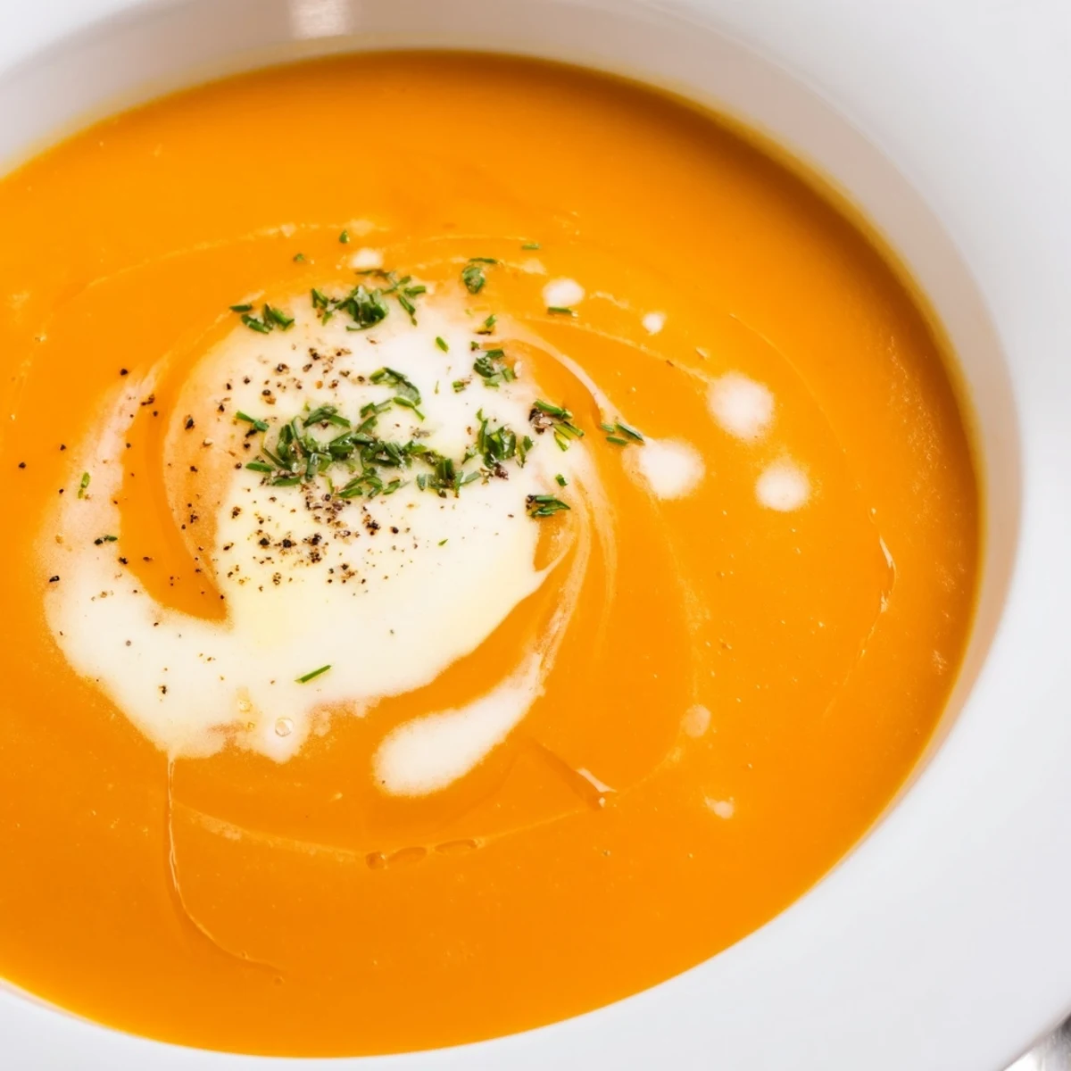 Bright orange carrot soup pureed smooth, warm bowl topped with chives