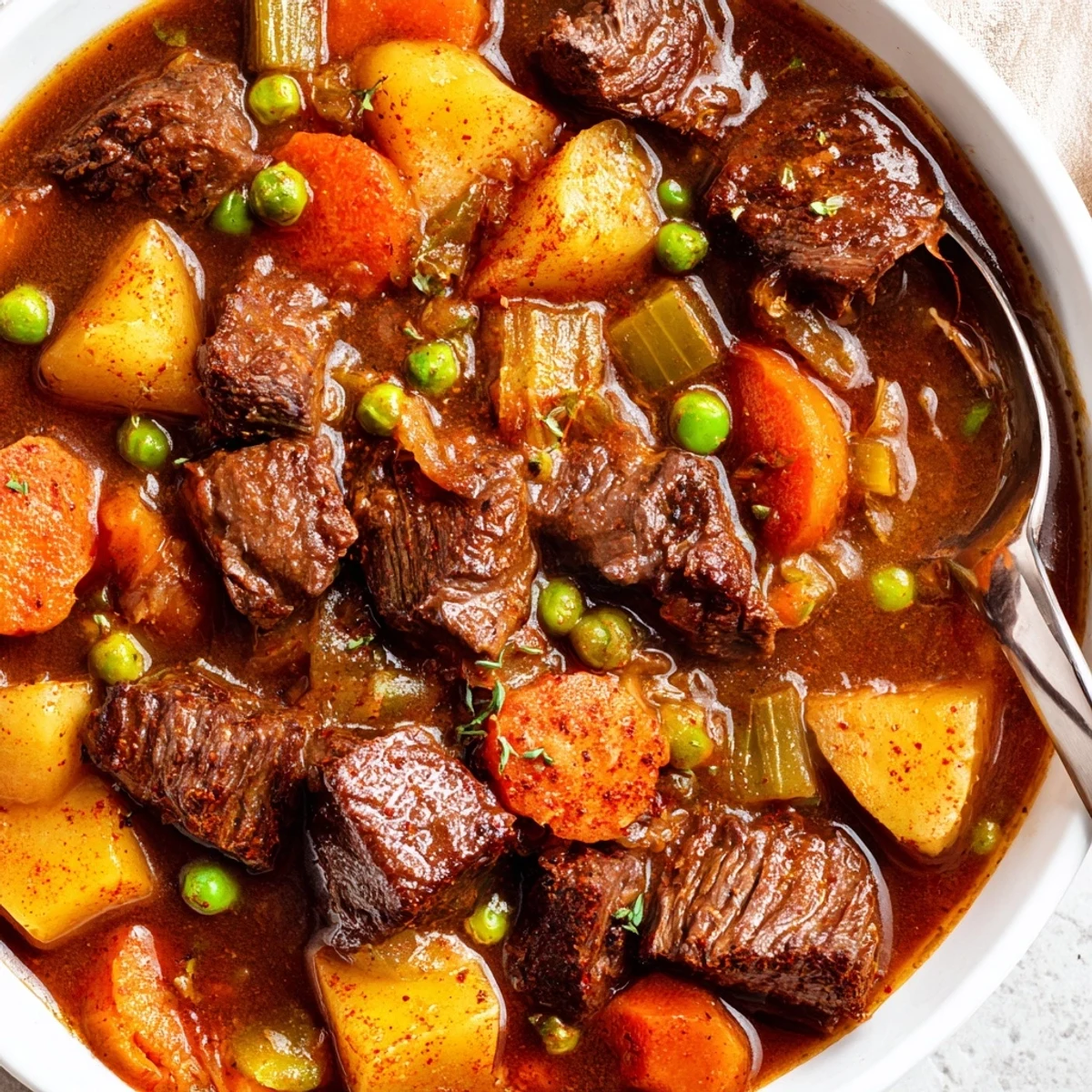 Beef Stew simmering in a Dutch oven, tender meat and aromatic broth.