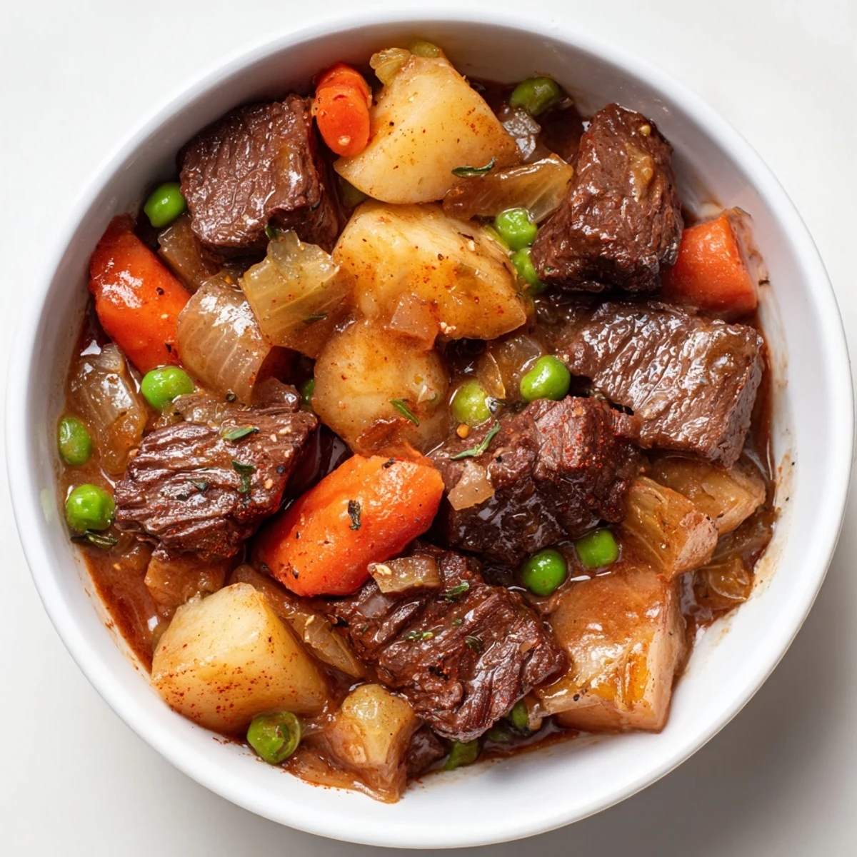 Hearty Beef Stew with chunky carrots, potatoes, steaming in a rustic bowl.