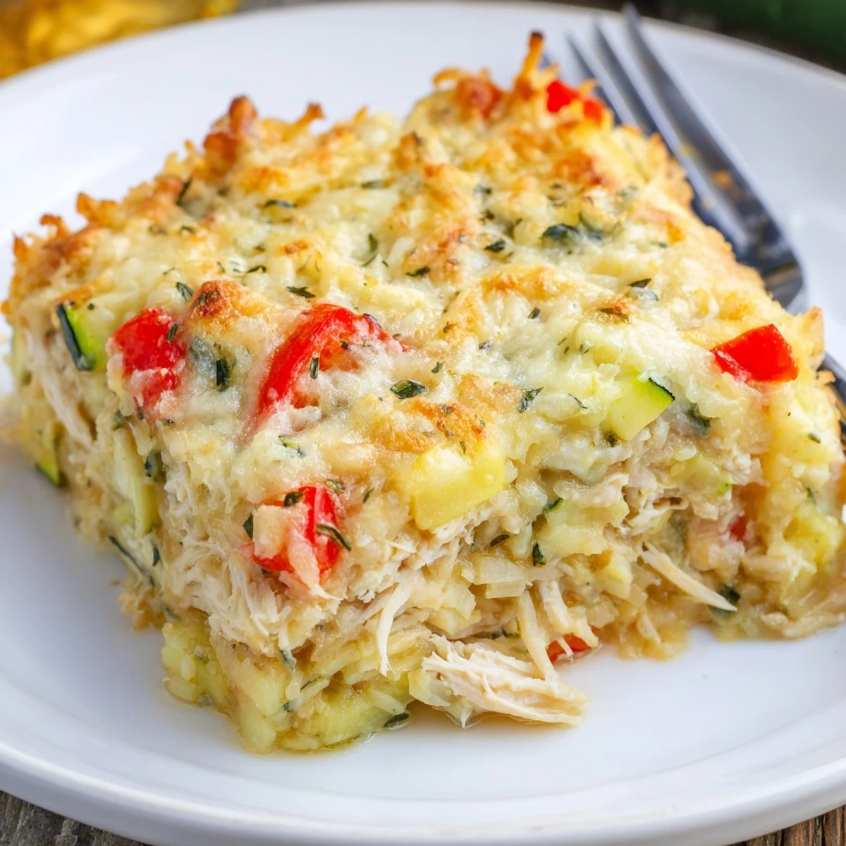 Family Friendly Chicken Zucchini Bake with golden cheese crust, steaming and ready