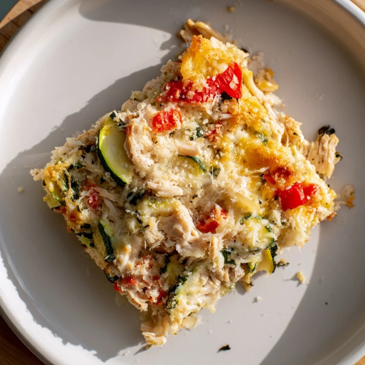 Warm Family Friendly Chicken Zucchini Bake served with crisp green salad