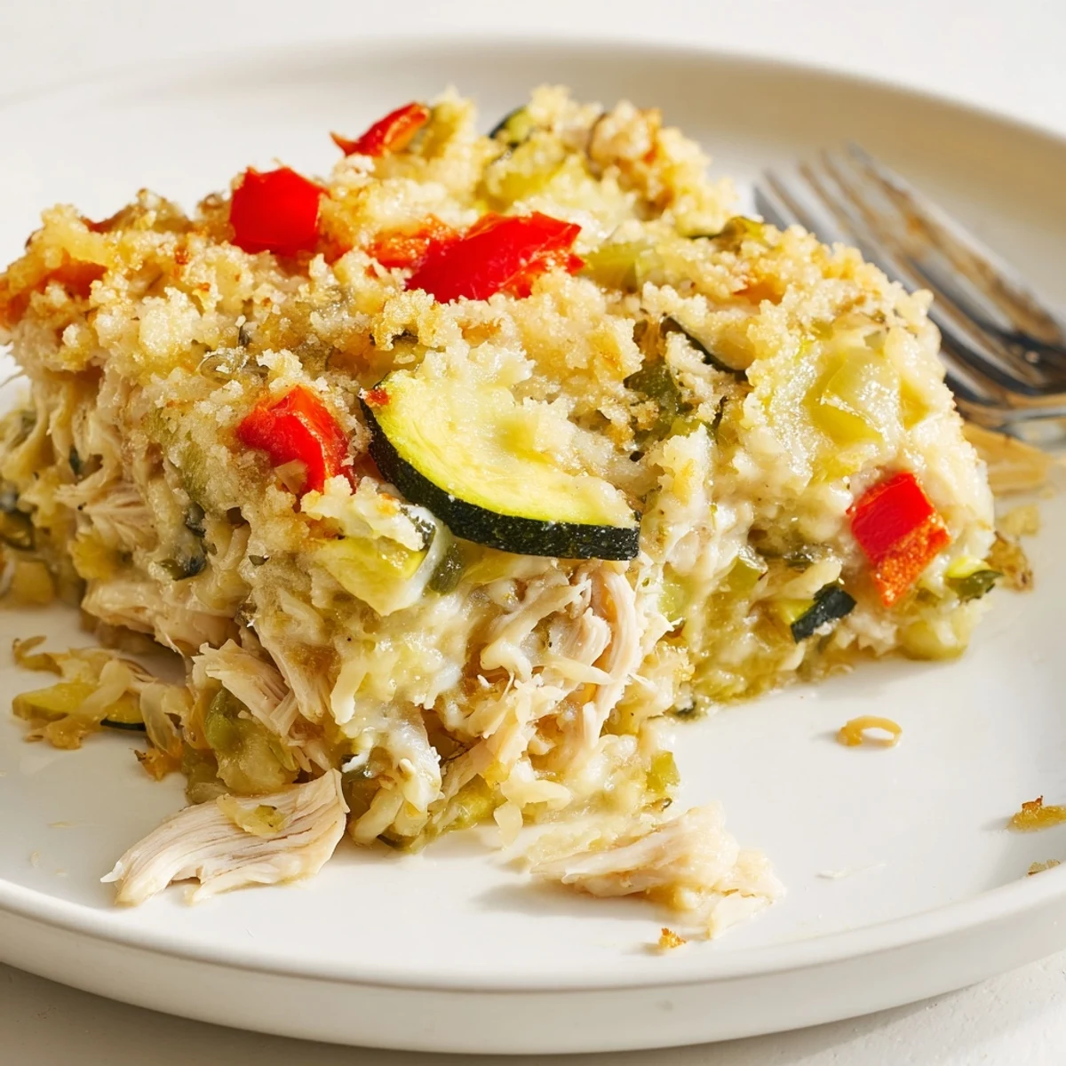 Satisfying Family Friendly Chicken Zucchini Bake bubbling with creamy interior, breadcrumb-topped