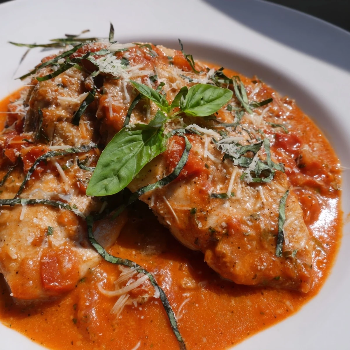 Slow Cooker Tomato Basil Chicken Breasts simmering in fragrant tomato basil sauce, for spooning.