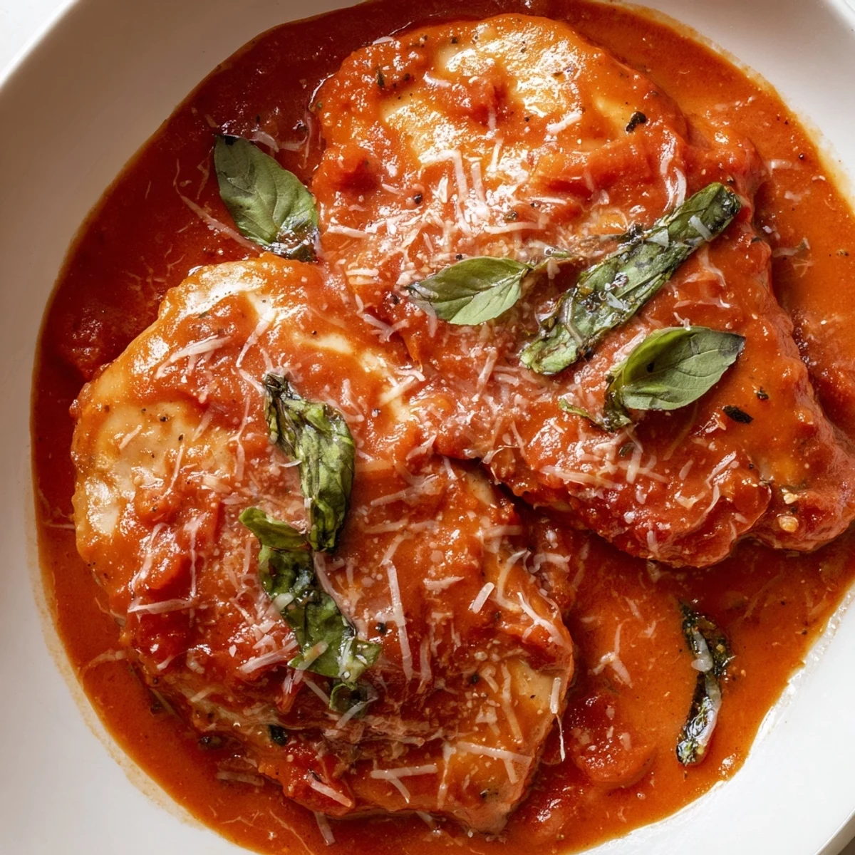 Tender Slow Cooker Tomato Basil Chicken Breasts topped with torn basil, served over rice.