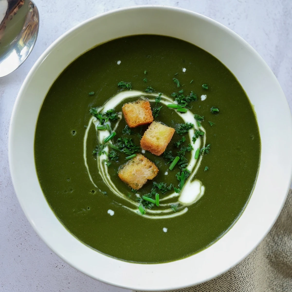 Creamy Spinach Soup steaming in bowl, bright green, garnished with cream.