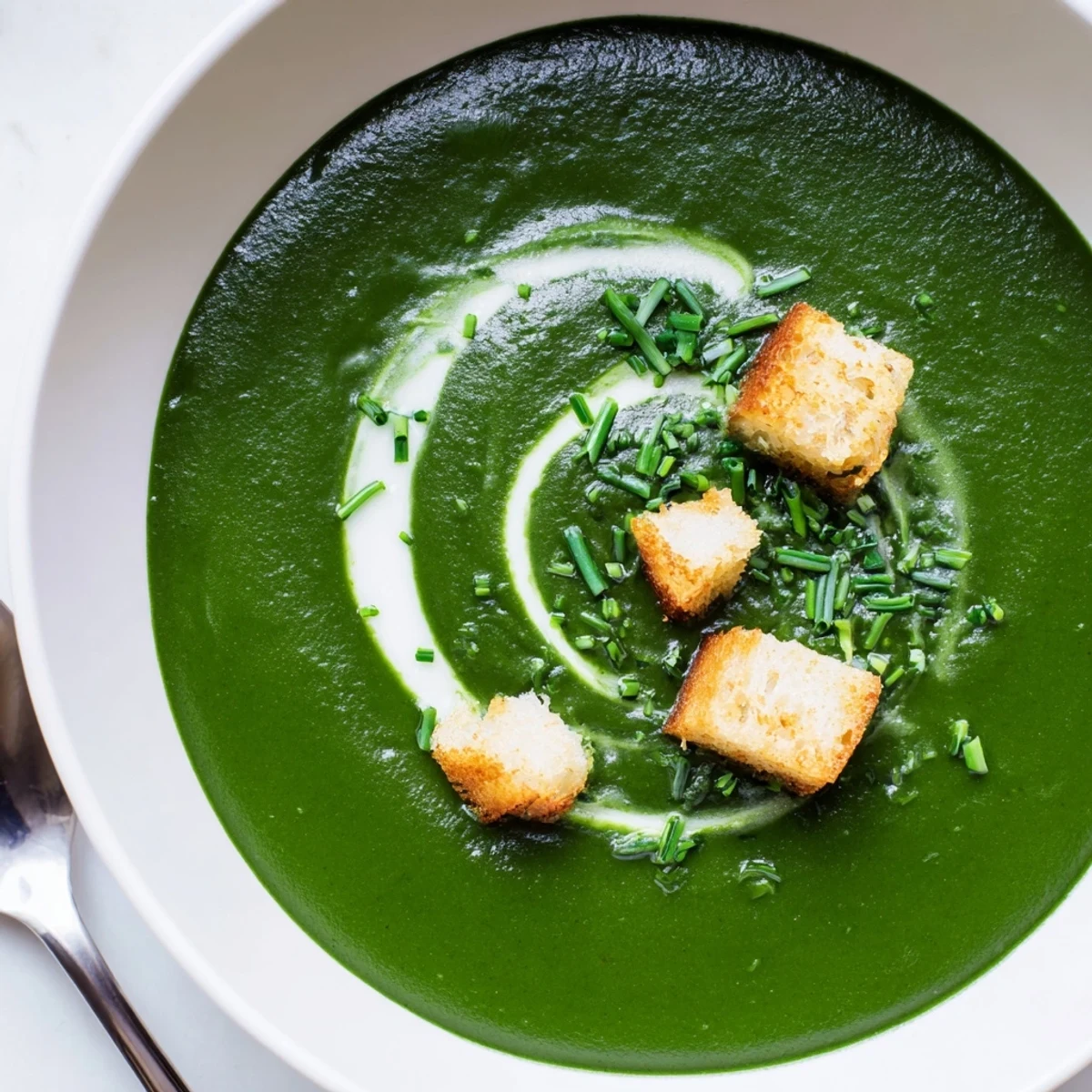 Bowl of Spinach Soup warmed with nutmeg aroma, sprinkled with chives.