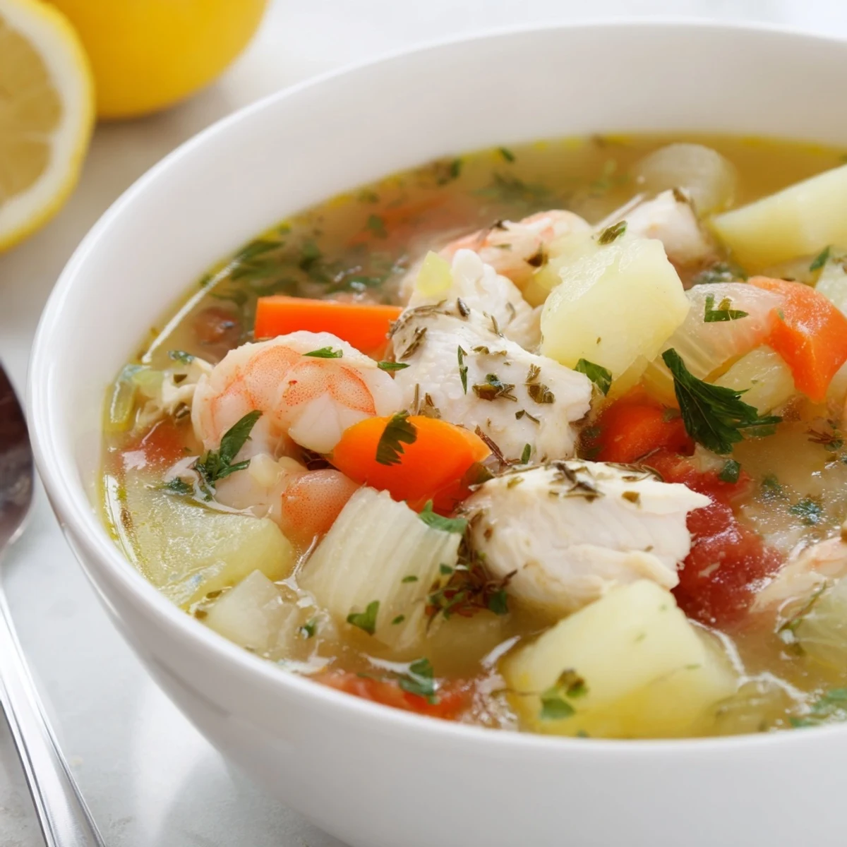 Fish Soup with flaky white fish, hearty vegetables, parsley and lemon wedge