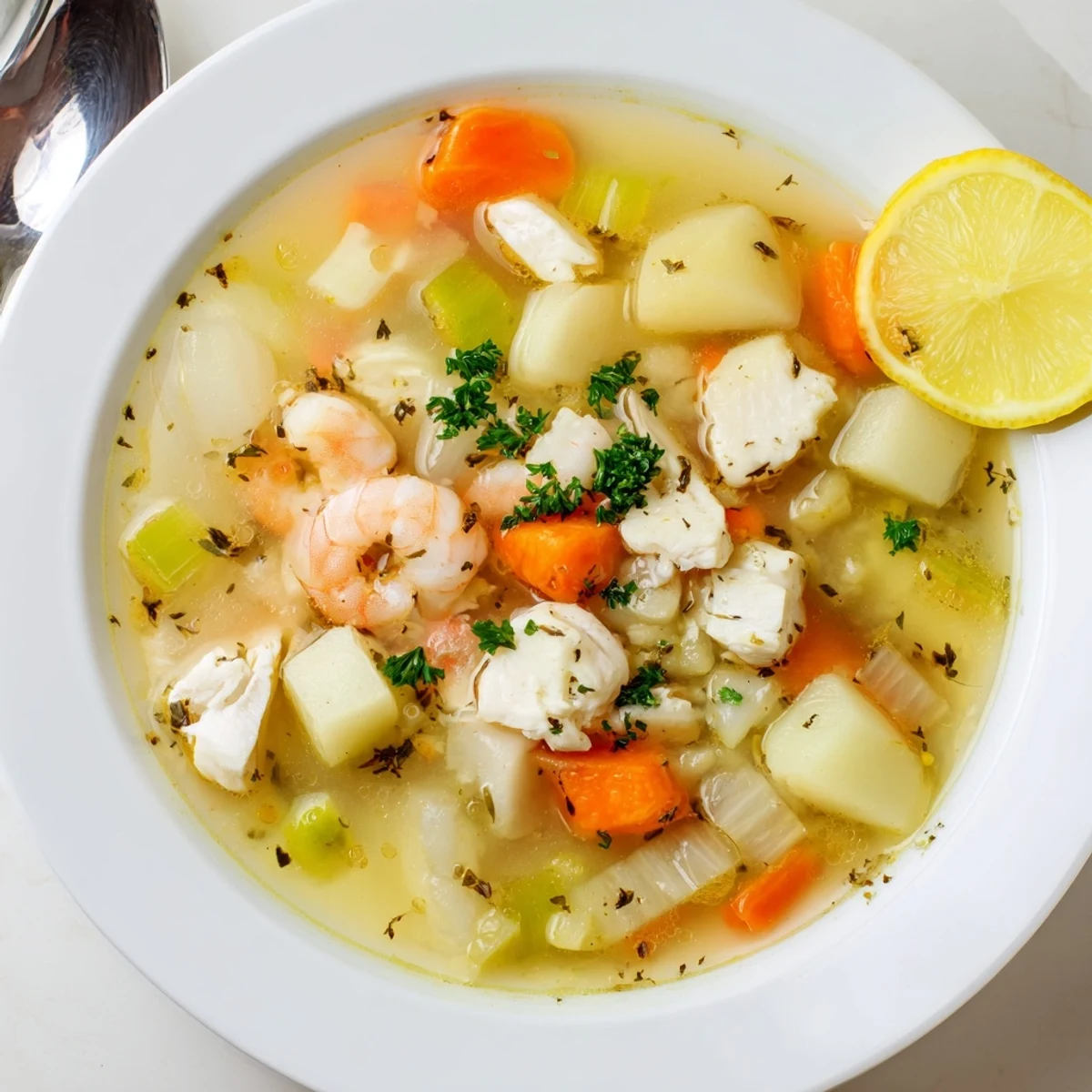 Steaming Fish Soup in rustic bowl, aromatic broth, crusty bread beside