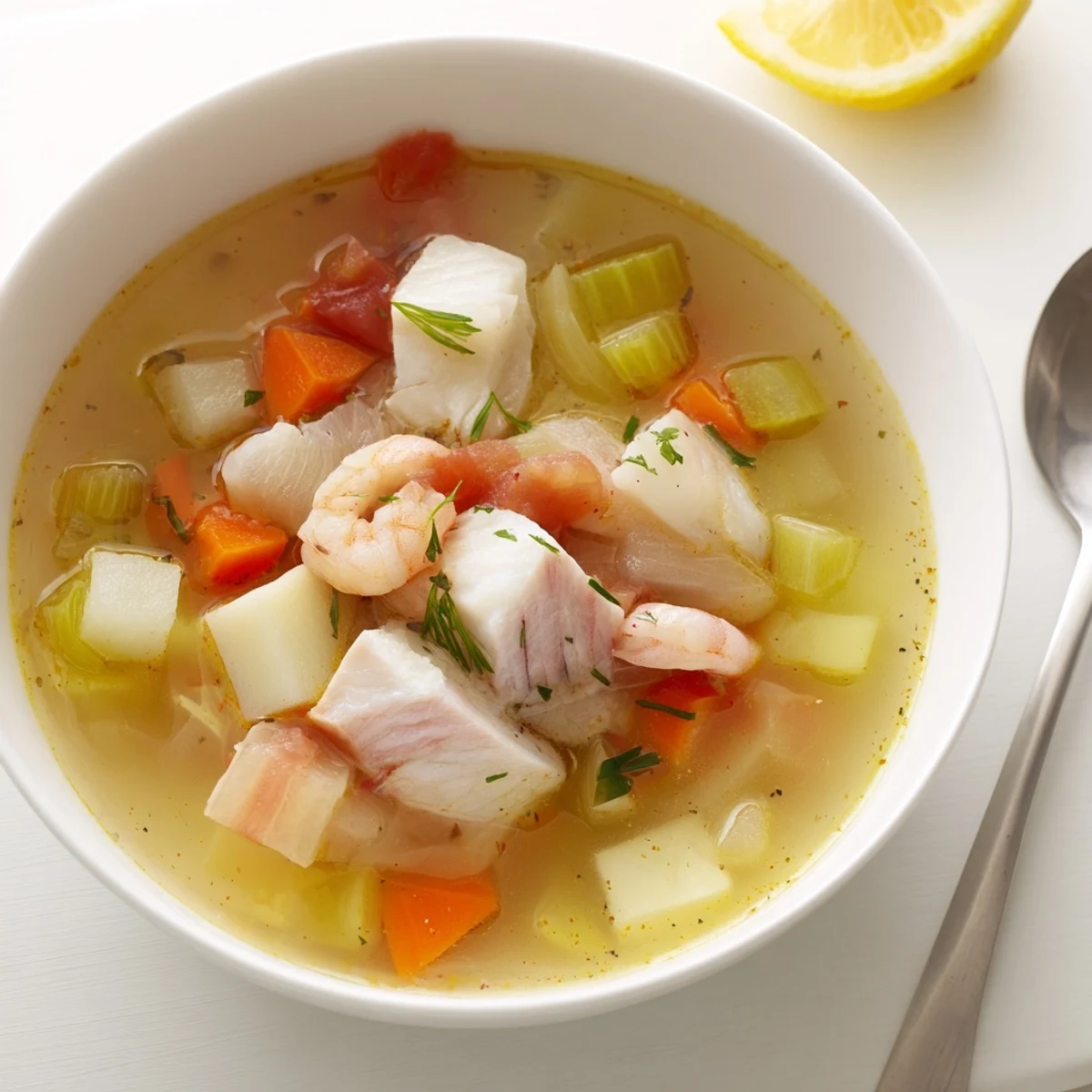 Homestyle Fish Soup showing tender fish chunks, potatoes, bright lemon garnish