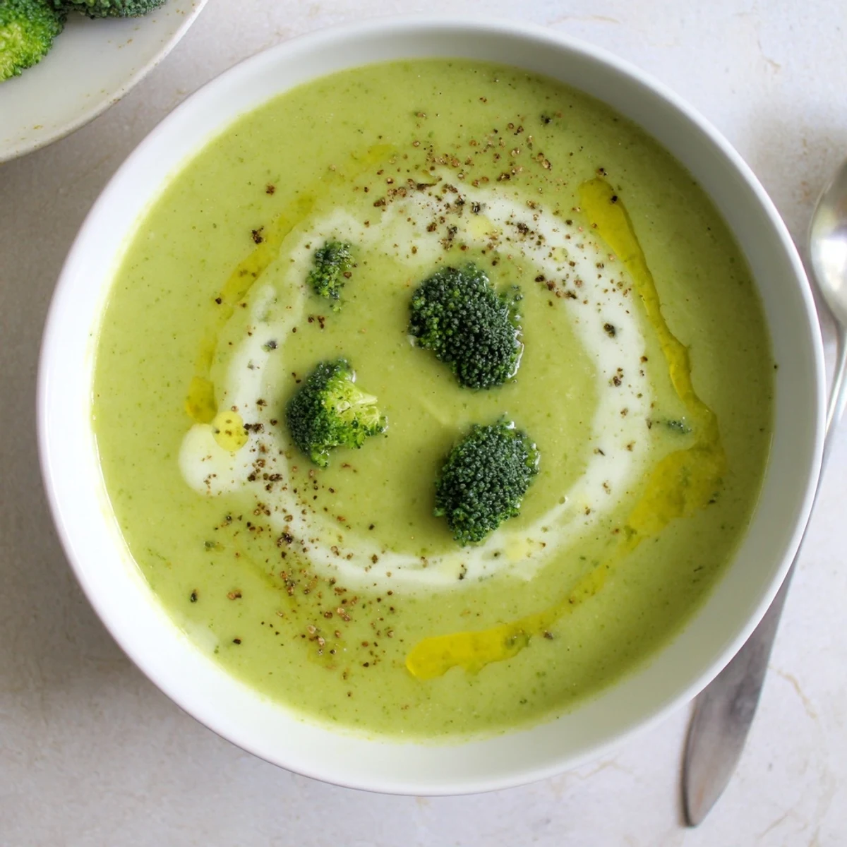 Velvety Broccoli Soup finished with a swirl of cream and pepper.