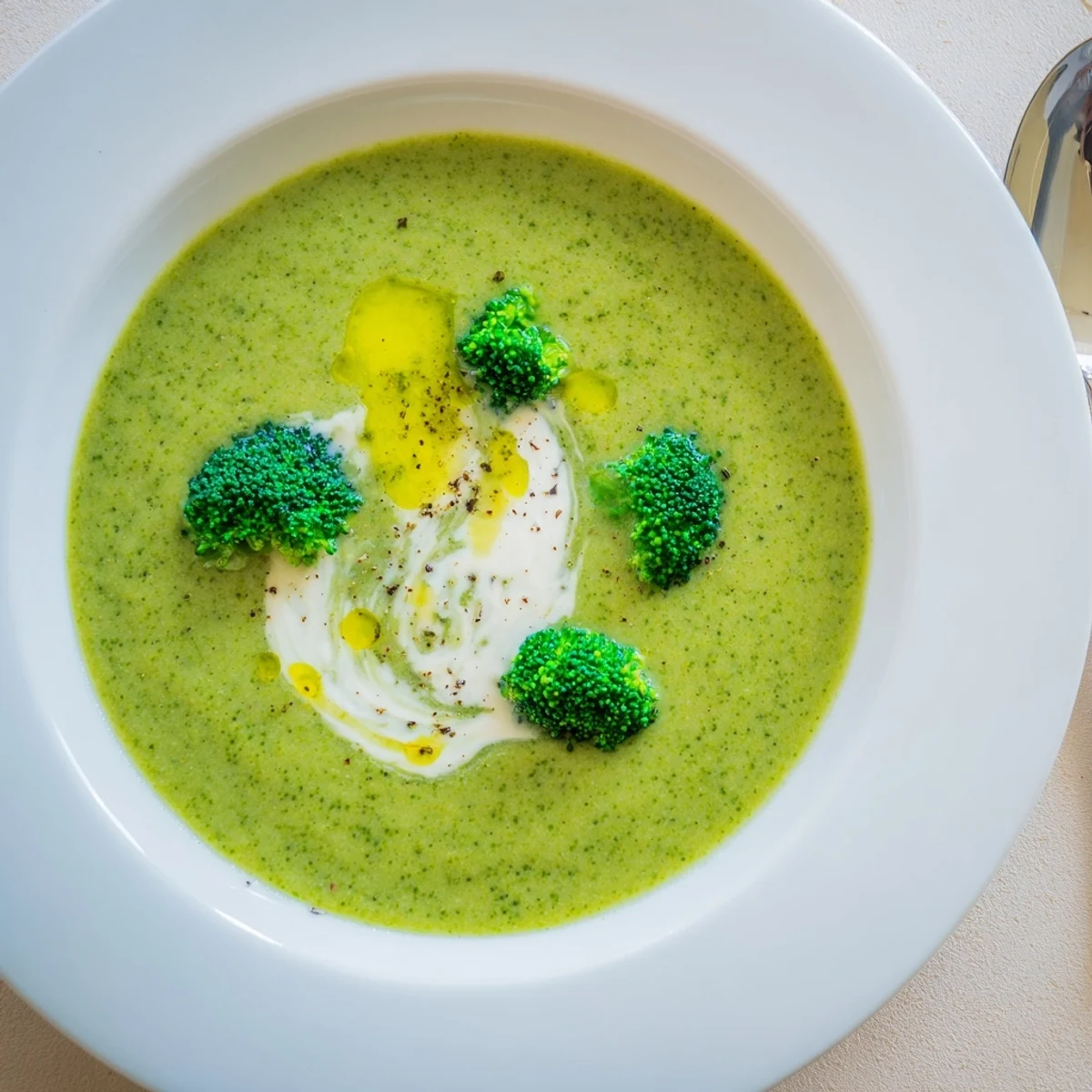 Creamy Broccoli Soup steaming in a bowl with crusty bread beside.