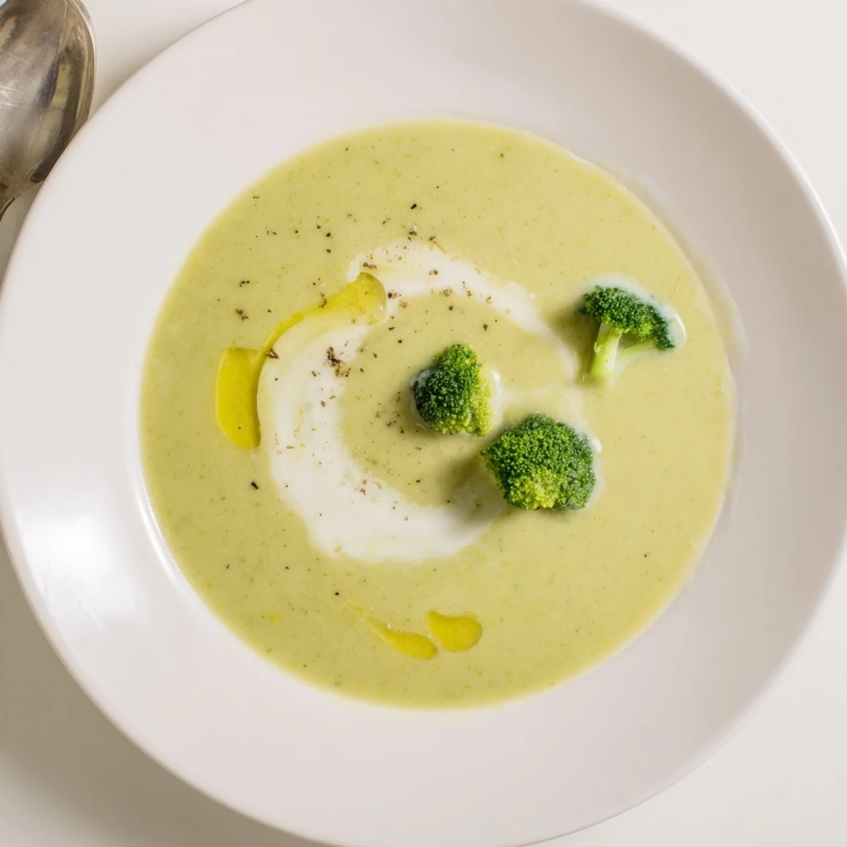 Ladled Broccoli Soup with bright green color, toasted seeds, warm aroma.