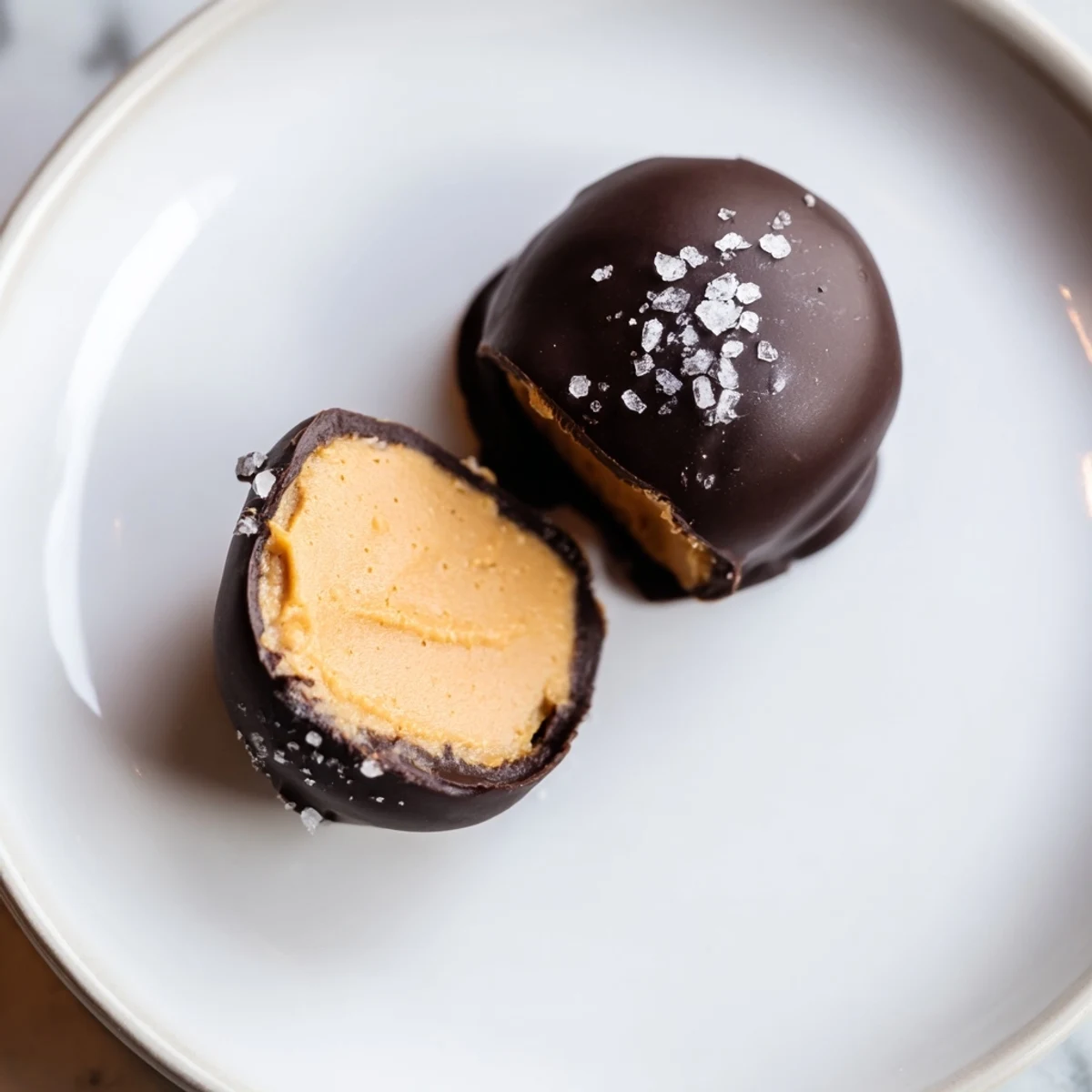Glistening Frozen Peanut Butter Greek Yogurt Bites Dipped In Dark Chocolate With Sea Salt