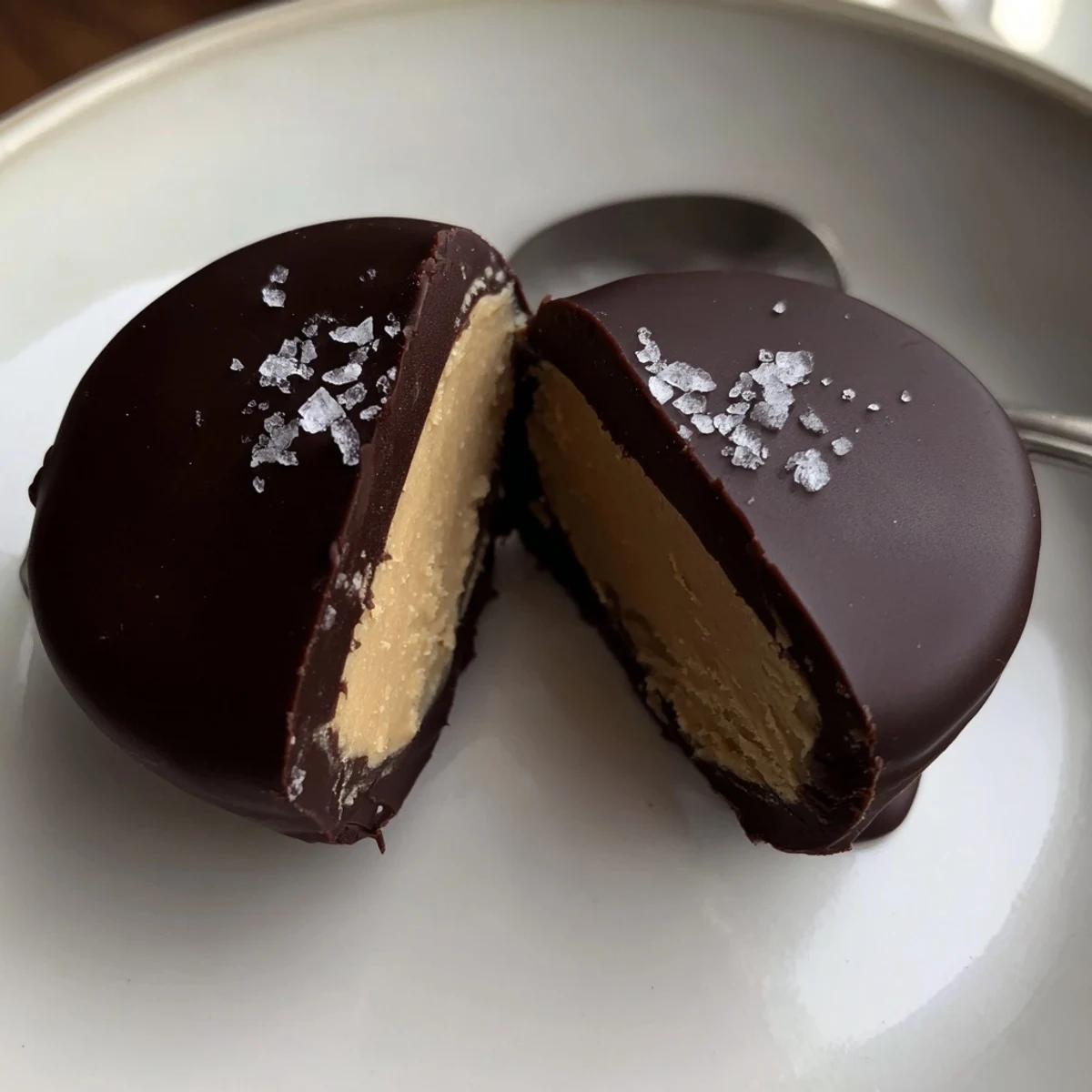 Closeup Frozen Peanut Butter Greek Yogurt Bites Dipped In Dark Chocolate With Sea Salt