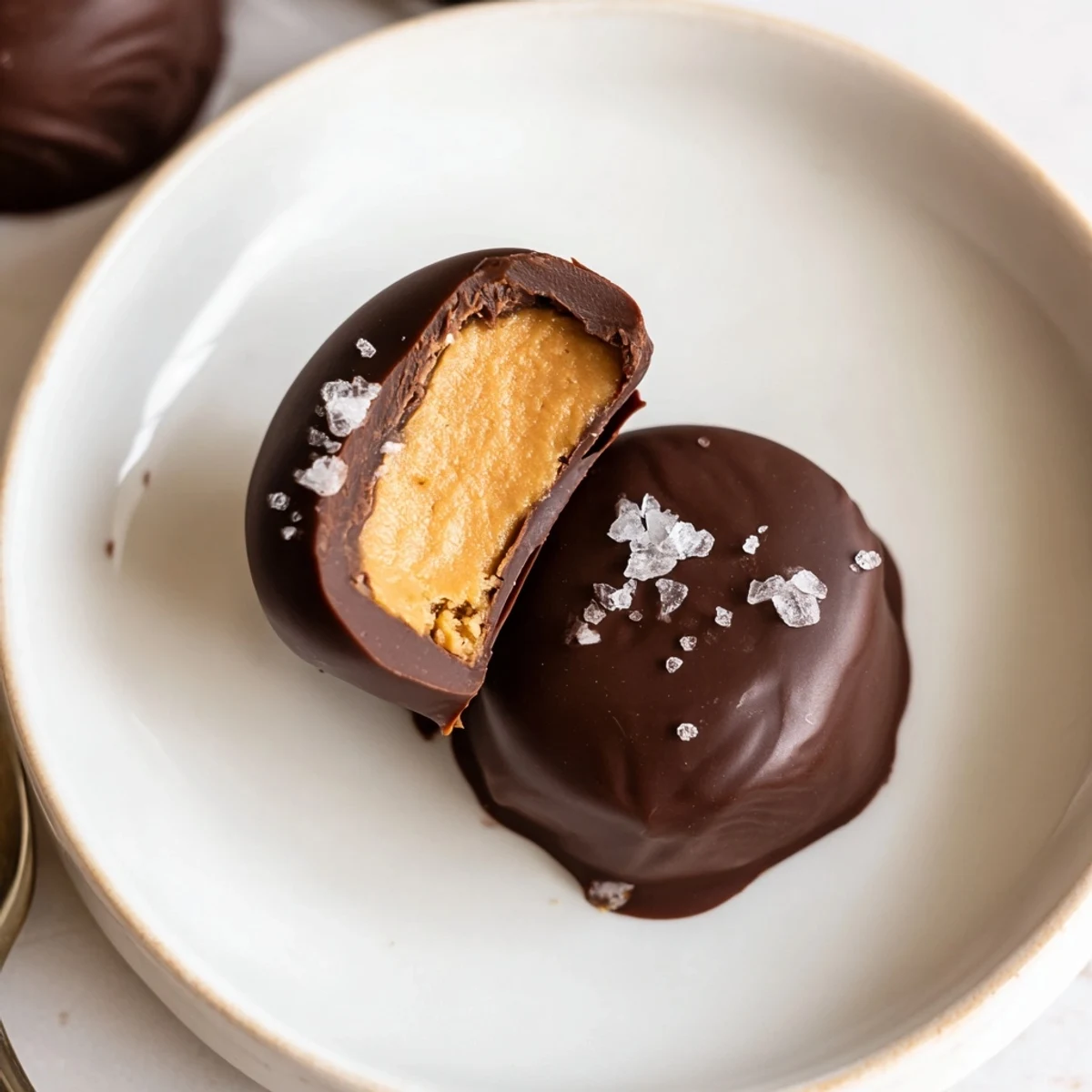 Handheld Frozen Peanut Butter Greek Yogurt Bites Dipped In Dark Chocolate With Sea Salt