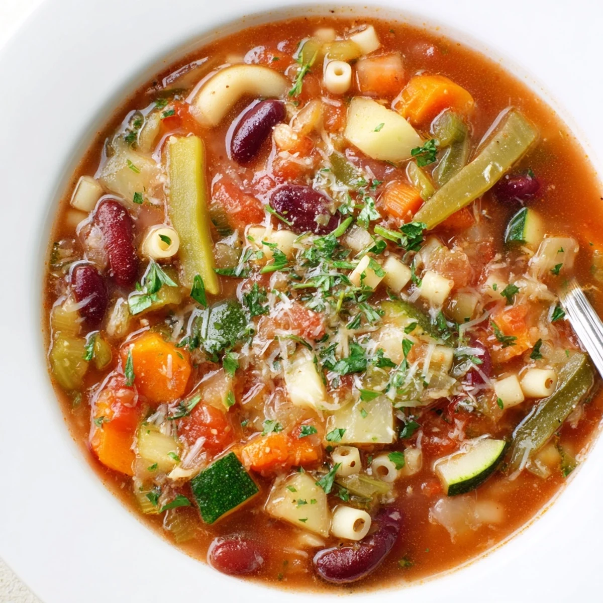 Hearty Minestrone Soup brimming with beans, pasta, and tender vegetables