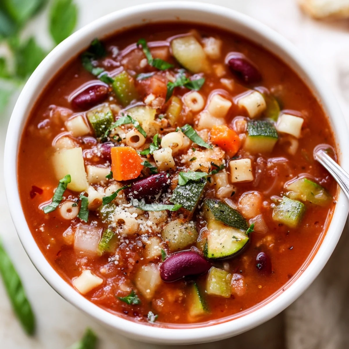 Steaming bowl of Minestrone Soup with chunky vegetables and savory tomato broth