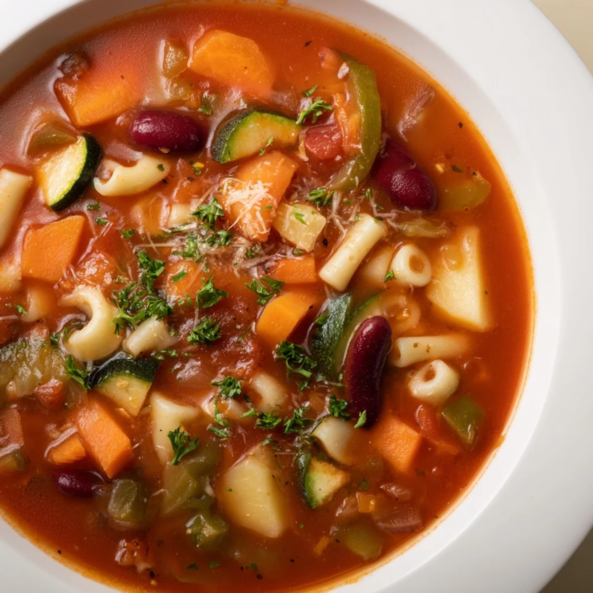 Warm, herb-scented Minestrone Soup served with crusty bread for cozy weeknight dinners
