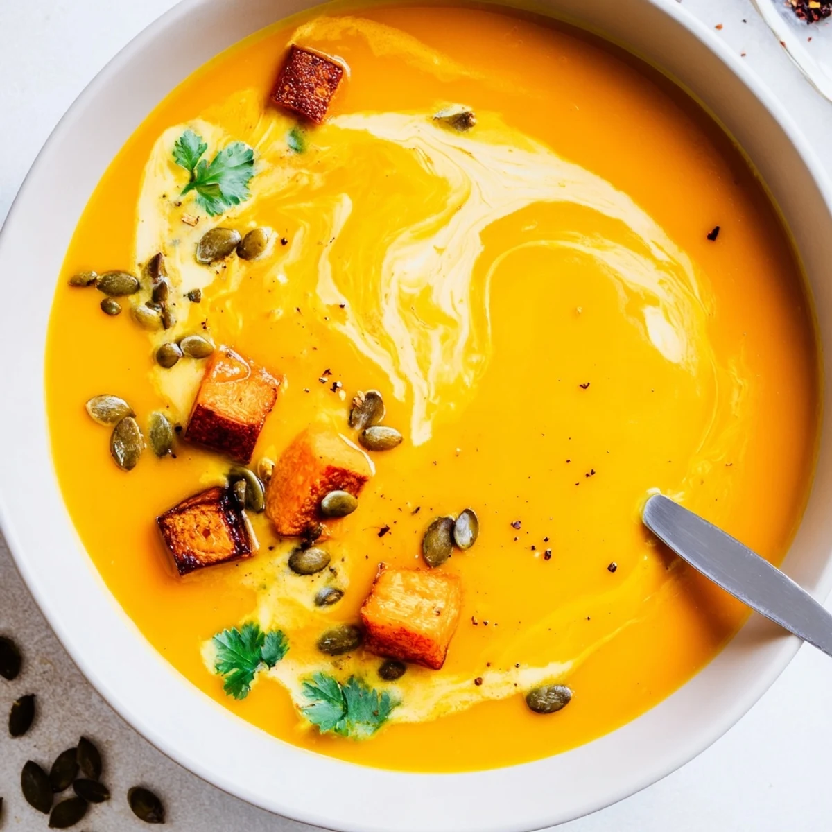 Pumpkin Soup steaming in bowl, garnished with roasted seeds and herbs