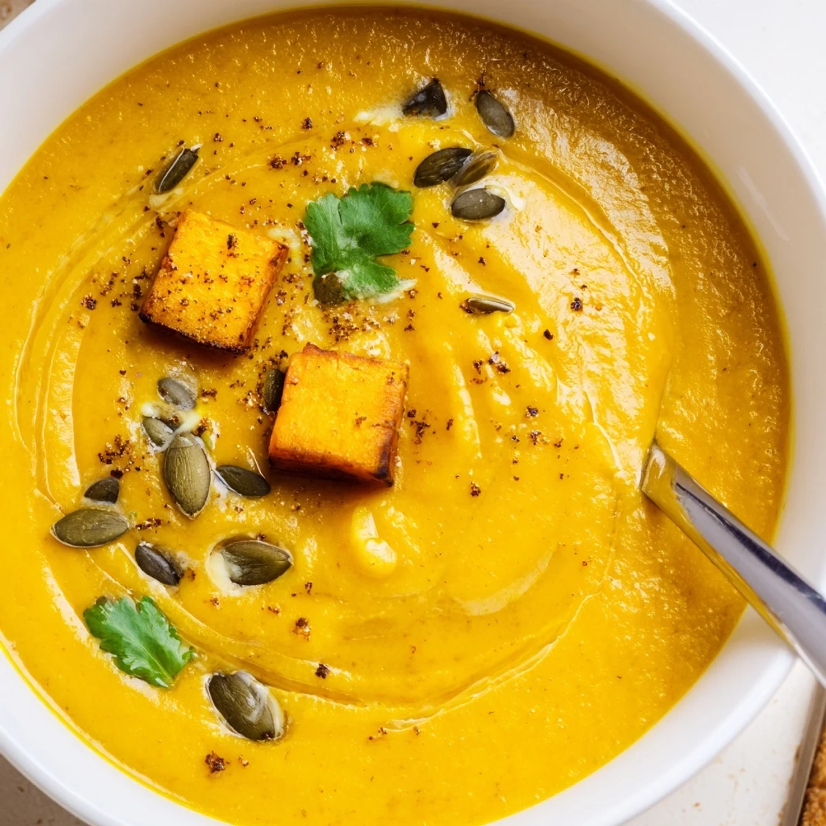 Velvety Pumpkin Soup with coconut milk swirl, served with crusty bread