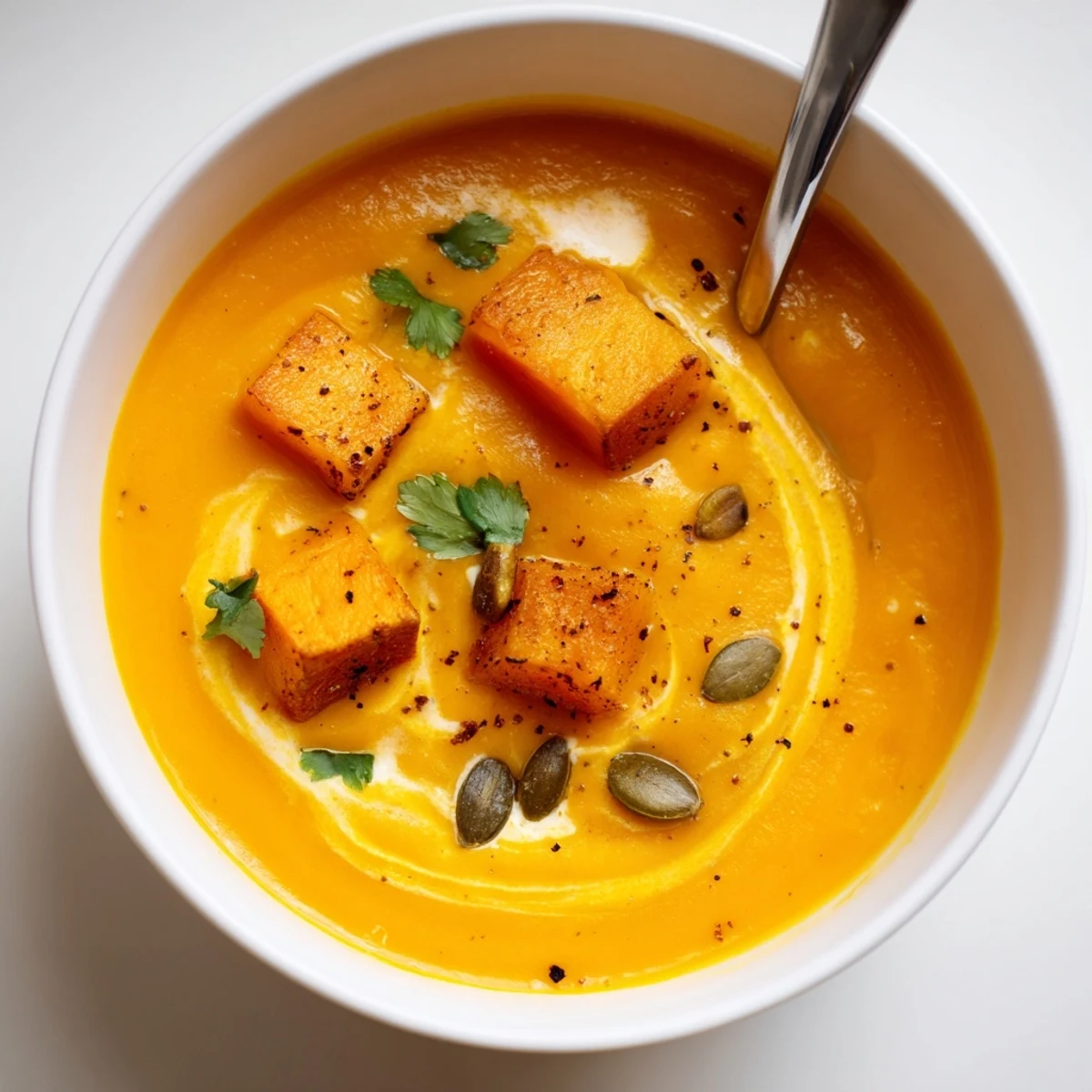 Roasted Pumpkin Soup blended smooth, warm spice aroma, topped with toasted seeds