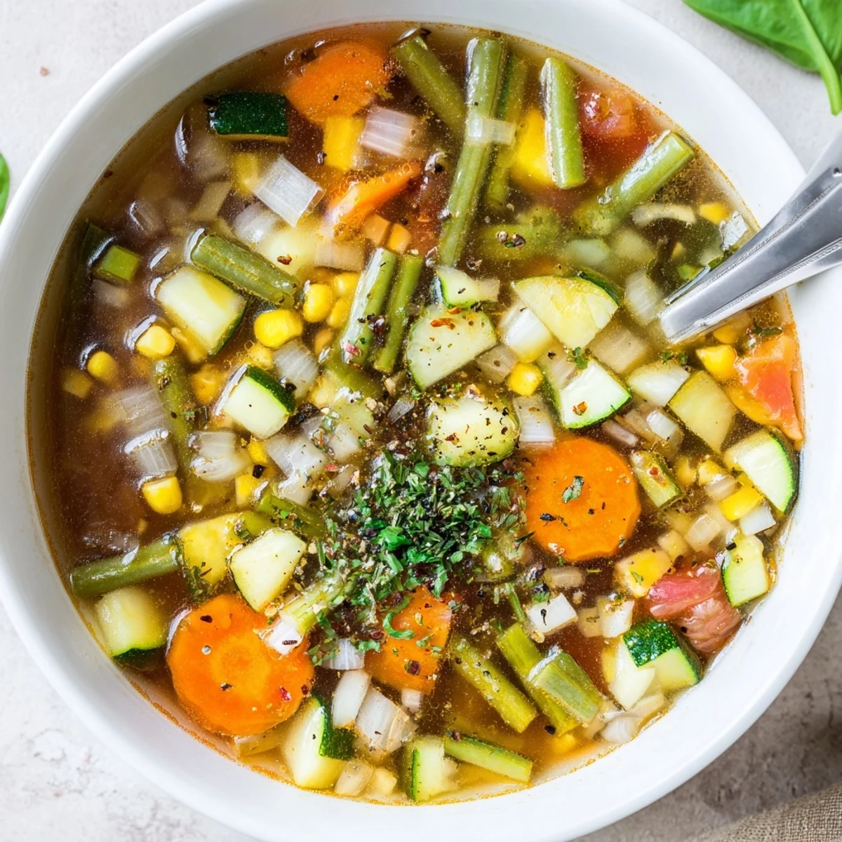 Hearty Vegetable Soup steaming in a bowl, aromatic herbs and tender vegetables