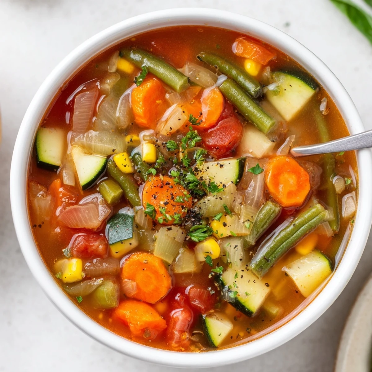 Warm Vegetable Soup ladled over crusty bread, bright parsley garnish visible