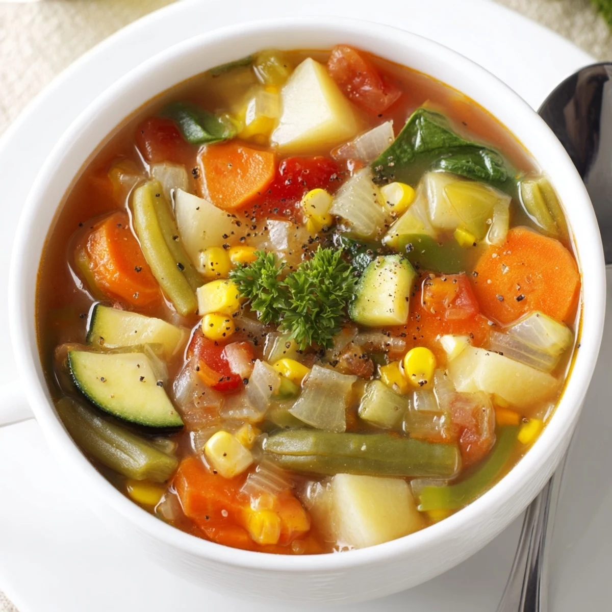 Rustic bowl of Vegetable Soup with silky broth, carrots, zucchini, and spinach
