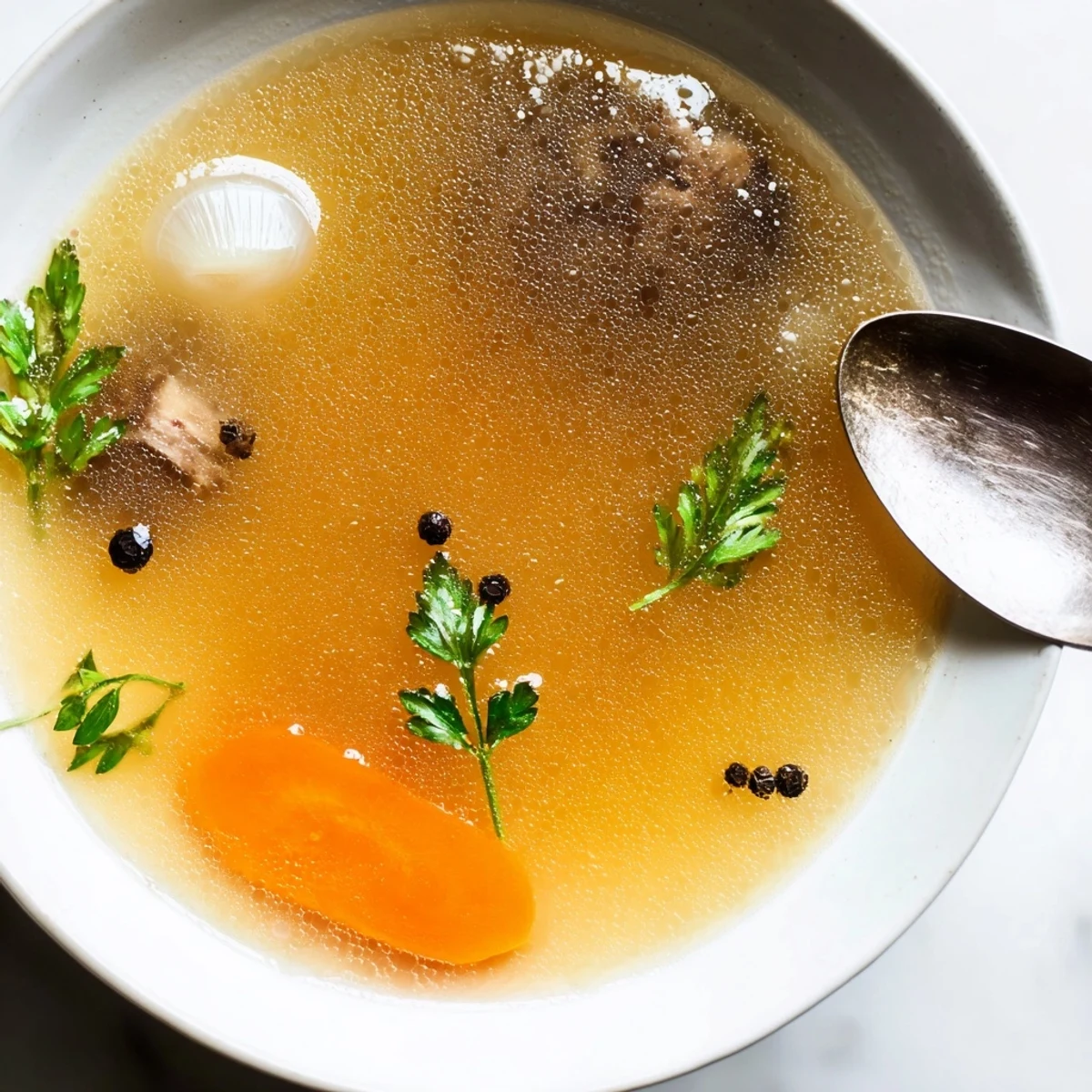 Beef Bone Broth steaming in a ceramic bowl, golden, rich aroma inviting