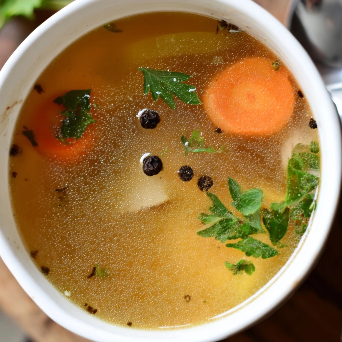 A ladle of Beef Bone Broth pouring, savory warmth perfect for sipping