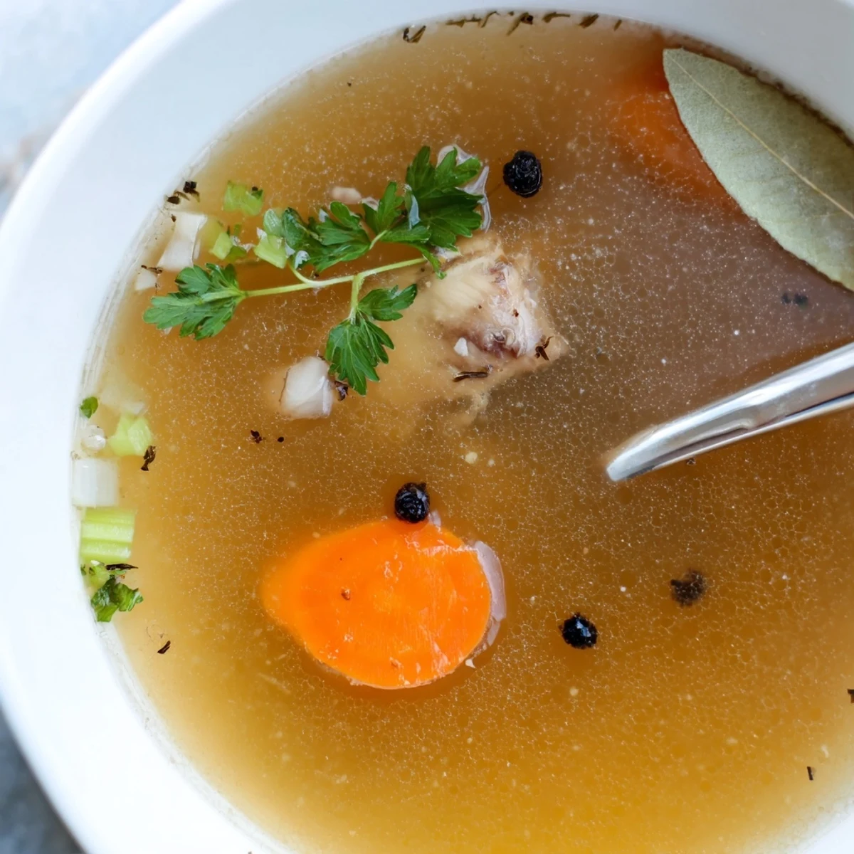 Homemade Beef Bone Broth chilled, gelatinous texture visible, ready for soups