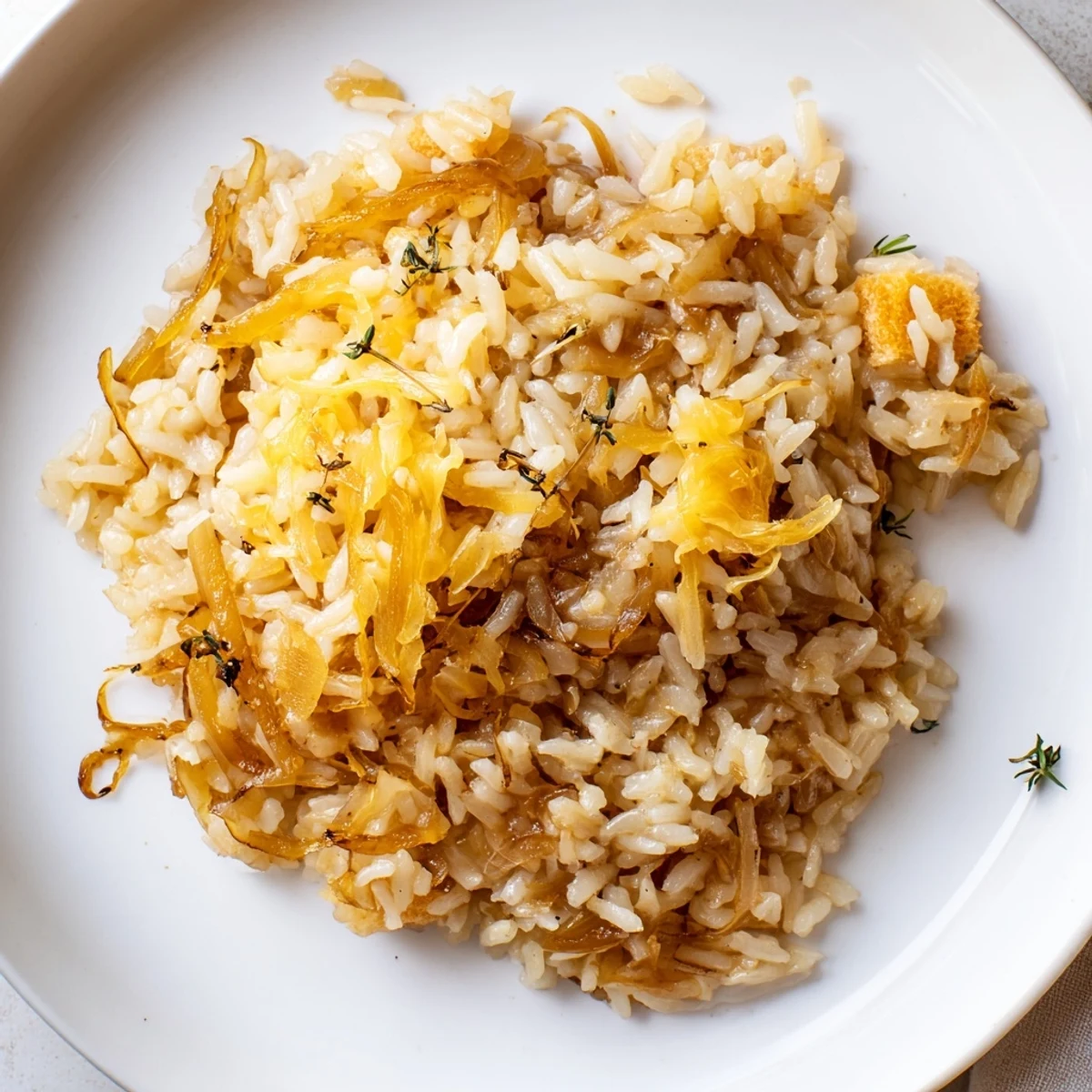 French Onion Soup Rice bubbling with melted Gruyère, caramelized onions, golden crouton topping