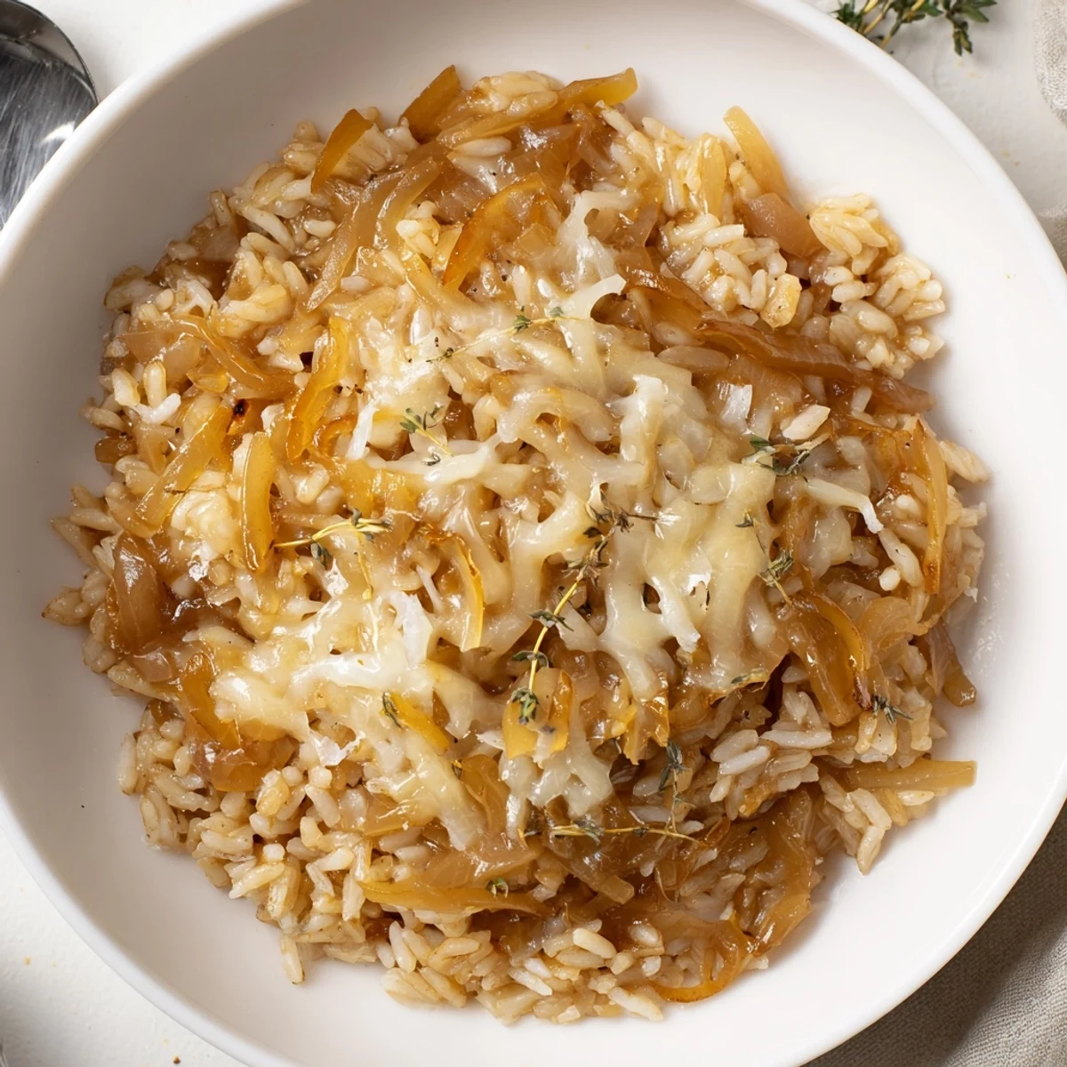 Warm French Onion Soup Rice scented with thyme, perfect for cozy weeknight dinners