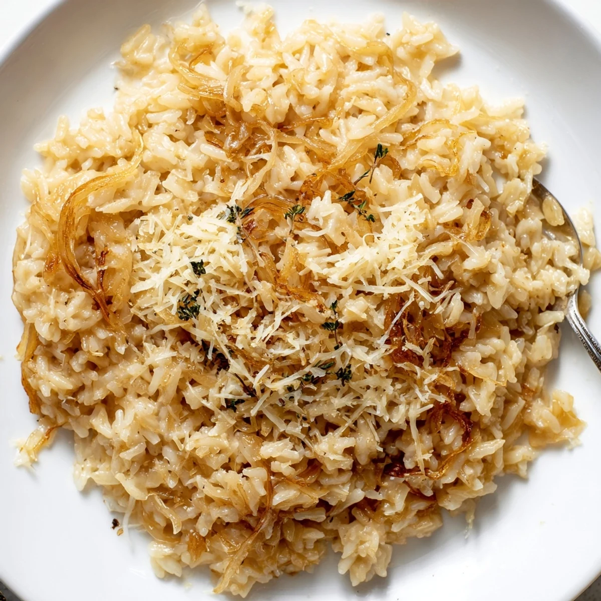 Spoon-ready French Onion Soup Rice served steaming in a rustic casserole