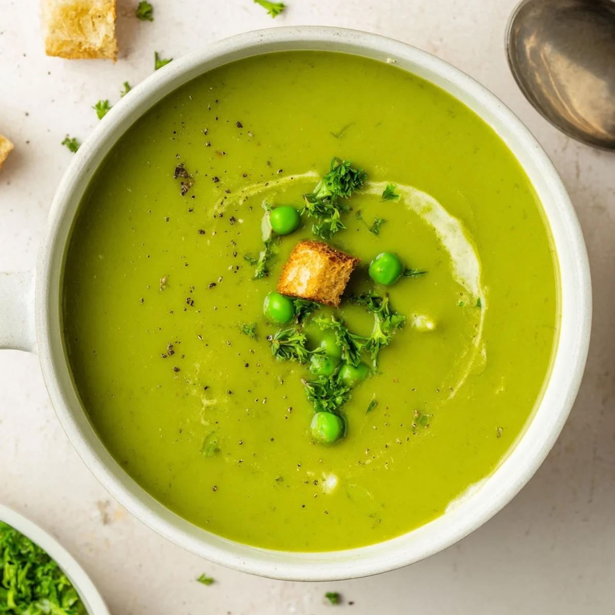 Creamy Pea Soup garnished with parsley and crème fraîche, steaming in bowl