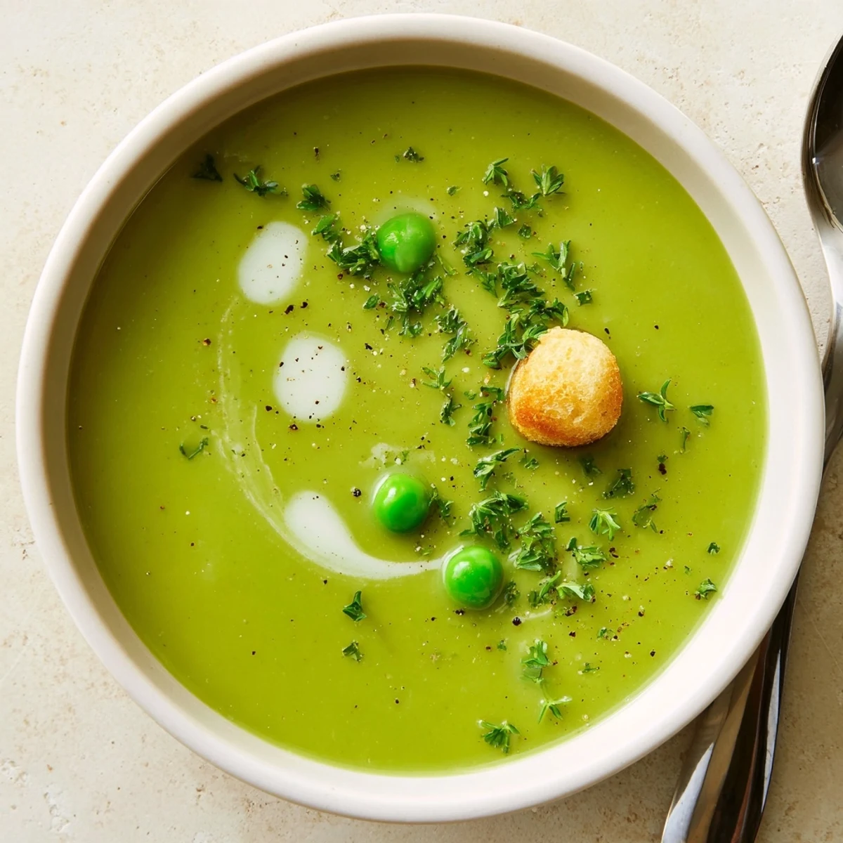 Bright green Pea Soup showing silky texture, served with crusty bread slice