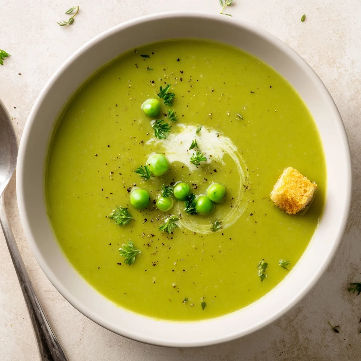 Hearty homemade Pea Soup in pot after simmering, ready to ladle