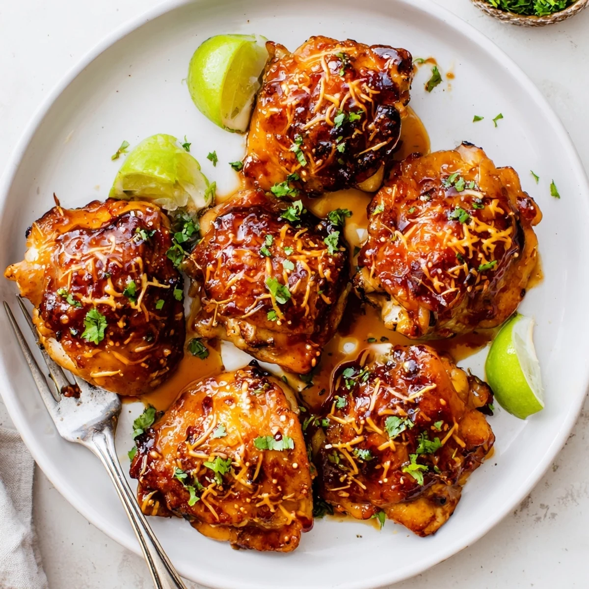 Warm Chipotle Honey Chicken Thighs With Smoked Gouda, zesty lime wedges and cilantro garnish.
