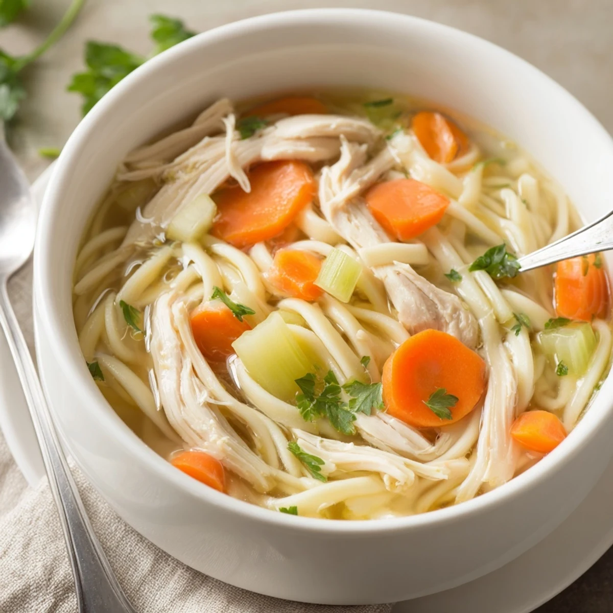 Steaming bowl of Chicken Noodle Soup with tender chicken and parsley  