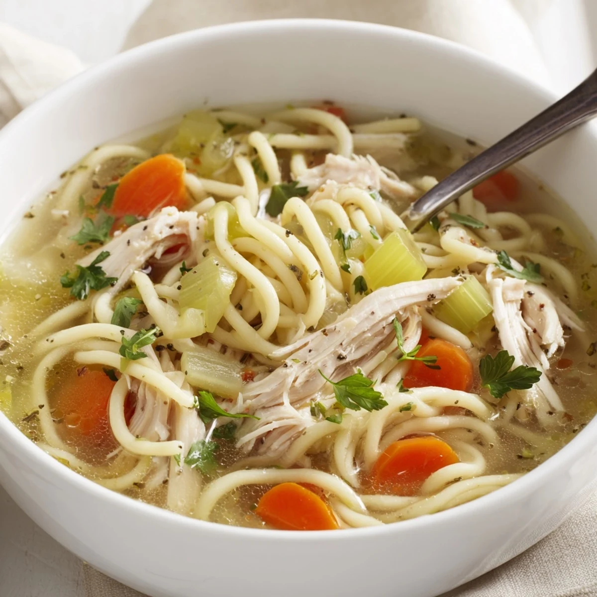 Homestyle Chicken Noodle Soup brimming with golden broth, soft noodles, carrots  