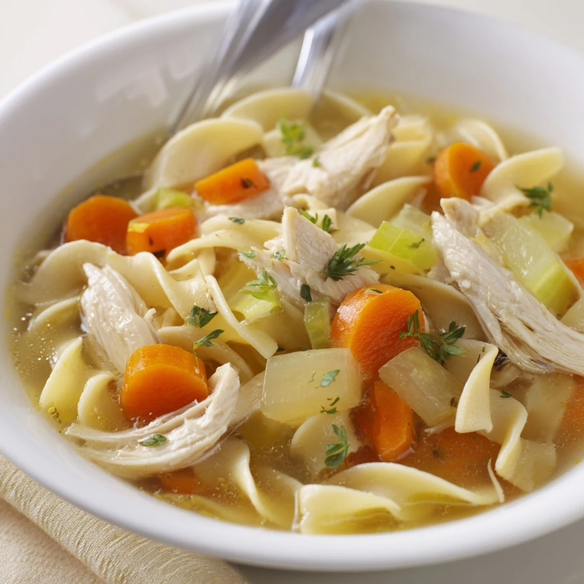 Ladle pouring steaming aromatic broth over egg noodles in Chicken Noodle Soup
