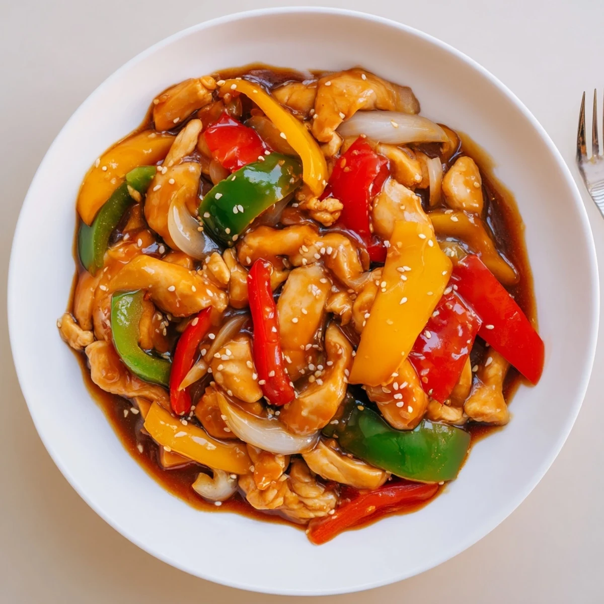 Quick Pepper Chicken Stir Fry sizzling in a wok, glossy sauce coating