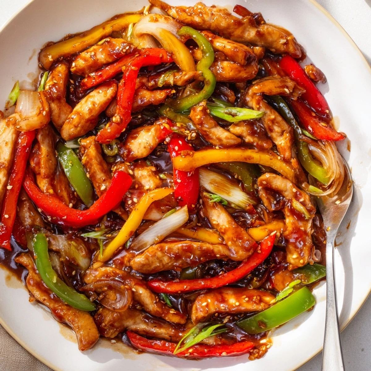 A plate of Quick Pepper Chicken Stir Fry over steaming jasmine rice