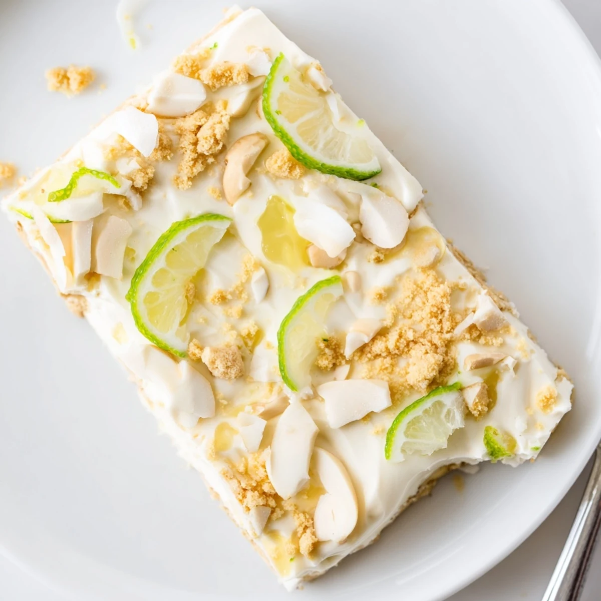 Sliced Key Lime Pie Yogurt Bark on parchment, creamy, tangy, chilled snack.