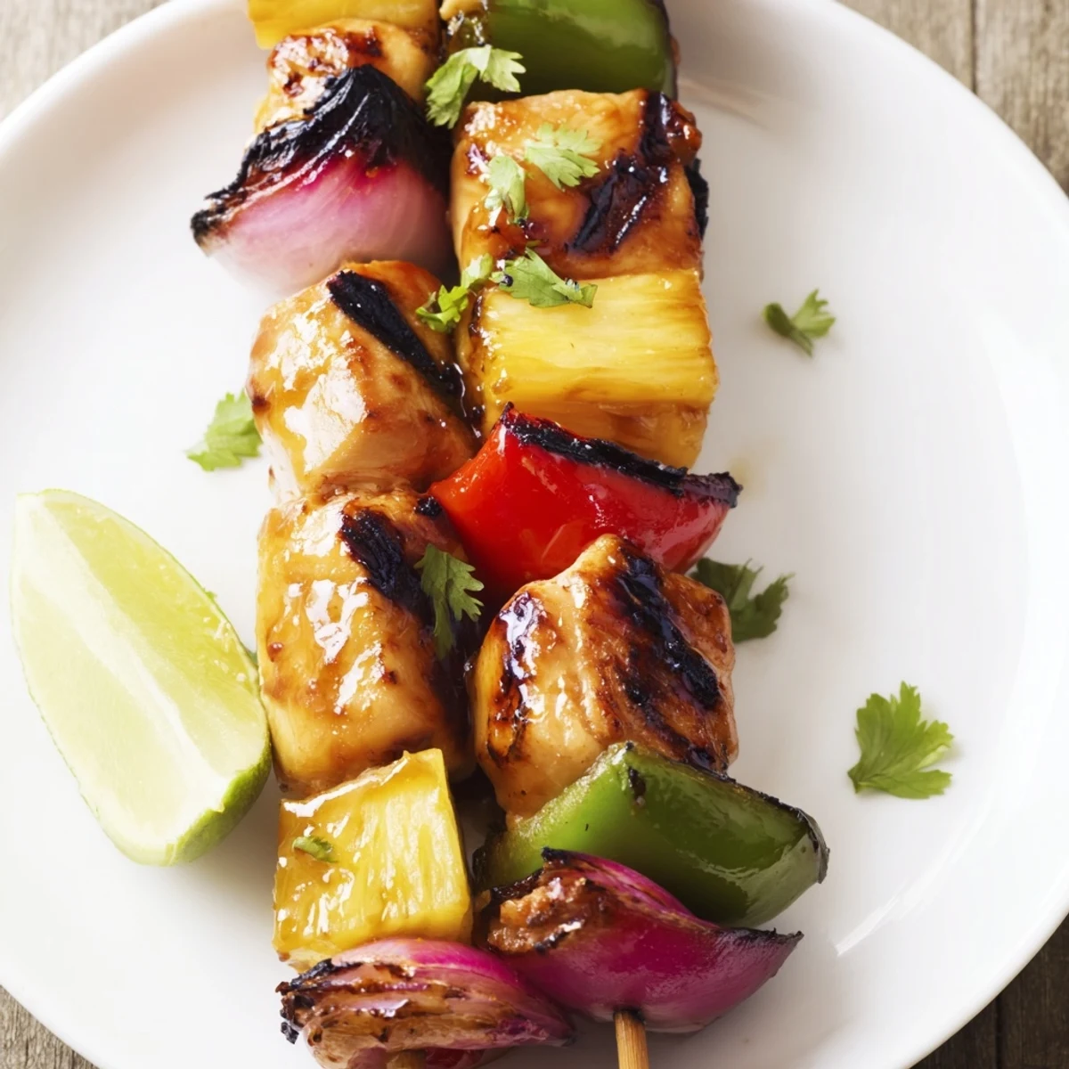 Hawaiian Chicken Kabobs with charred grill marks, juicy pineapple, colorful bell peppers