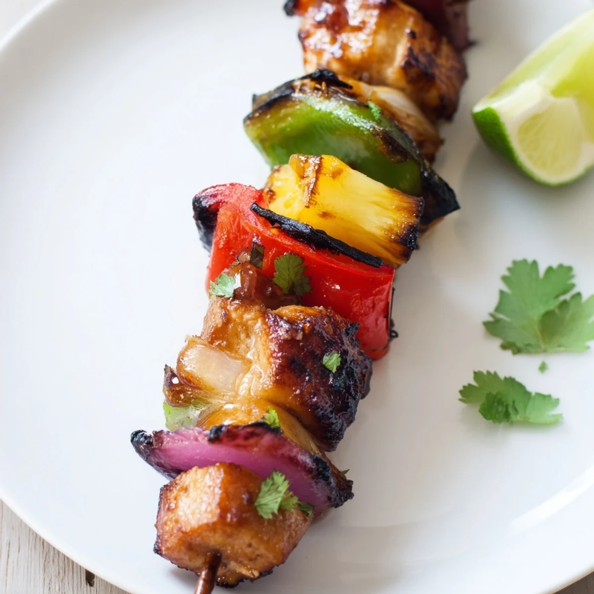 Skewered Hawaiian Chicken Kabobs steaming over rice, garnished with cilantro and lime
