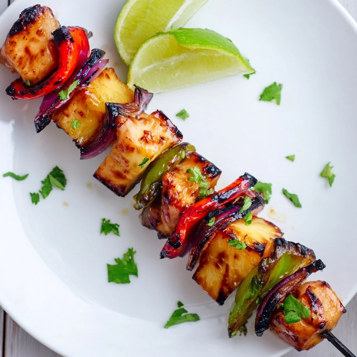 Grilled Hawaiian Chicken Kabobs glazed with brown-sugar marinade, served with lime wedges
