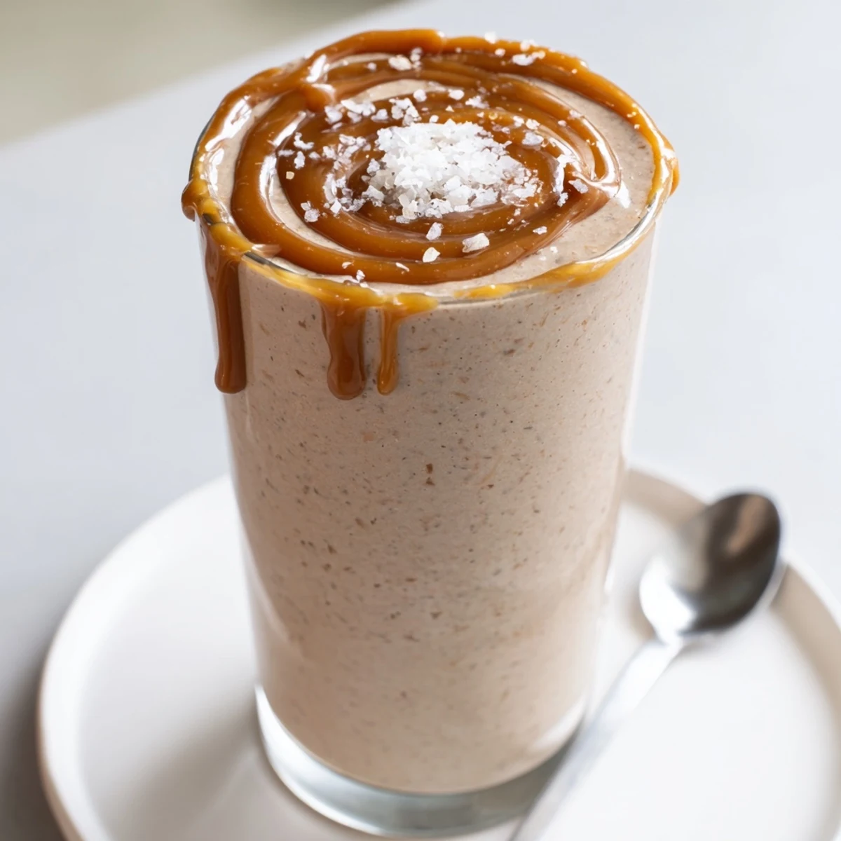 Two chilled Salted Caramel Protein Smoothie servings, creamy banana texture, breakfast-ready