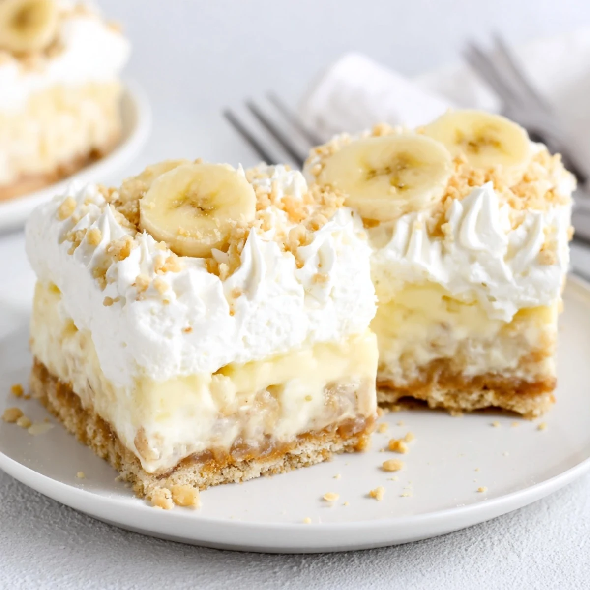 Banana Pudding Cheesecake Squares chilled, creamy layers with banana slices and whipped cream.